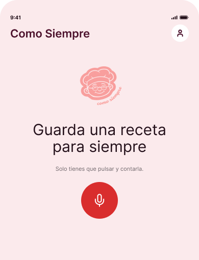 Pantalla de inicio de la app con el botón para grabar una receta