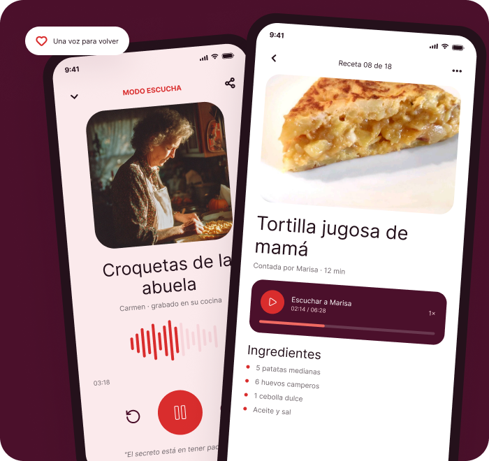 Dos pantallas de la app: escuchando la receta de las croquetas de la abuela y leyendo la receta de la tortilla