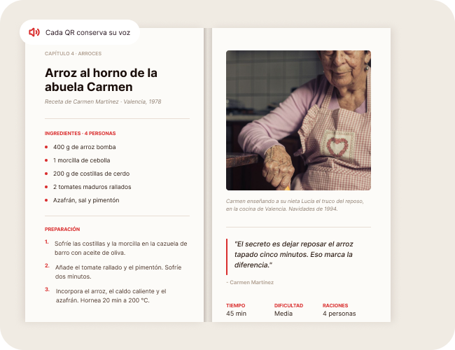 Libro abierto con la receta del arroz al horno de la abuela Carmen y una foto suya