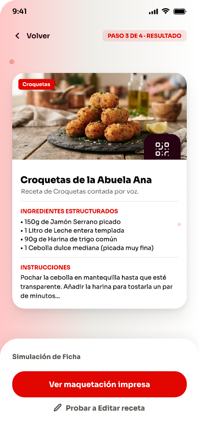 Pantalla de la app con la vista previa de una receta
