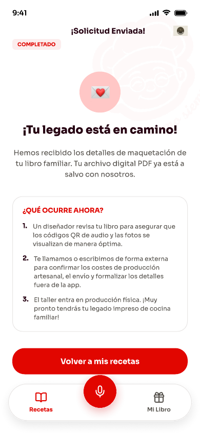 Pantalla de la app confirmando el envío del libro
