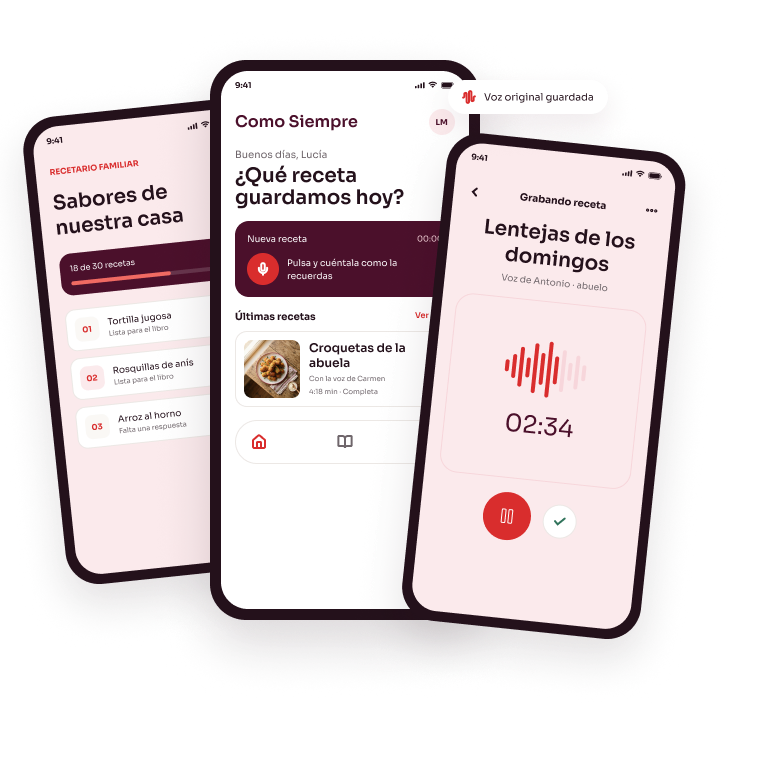 Tres pantallas de la app: el recetario familiar, la pantalla de inicio y la grabación de una receta